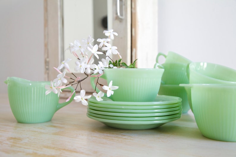 SOLD Fire King Jadeite Jane Ray Jadite Ribbed 6 Teacups & Saucers Anchor Hocking Coffee Cups, Green Mint Decor image 3