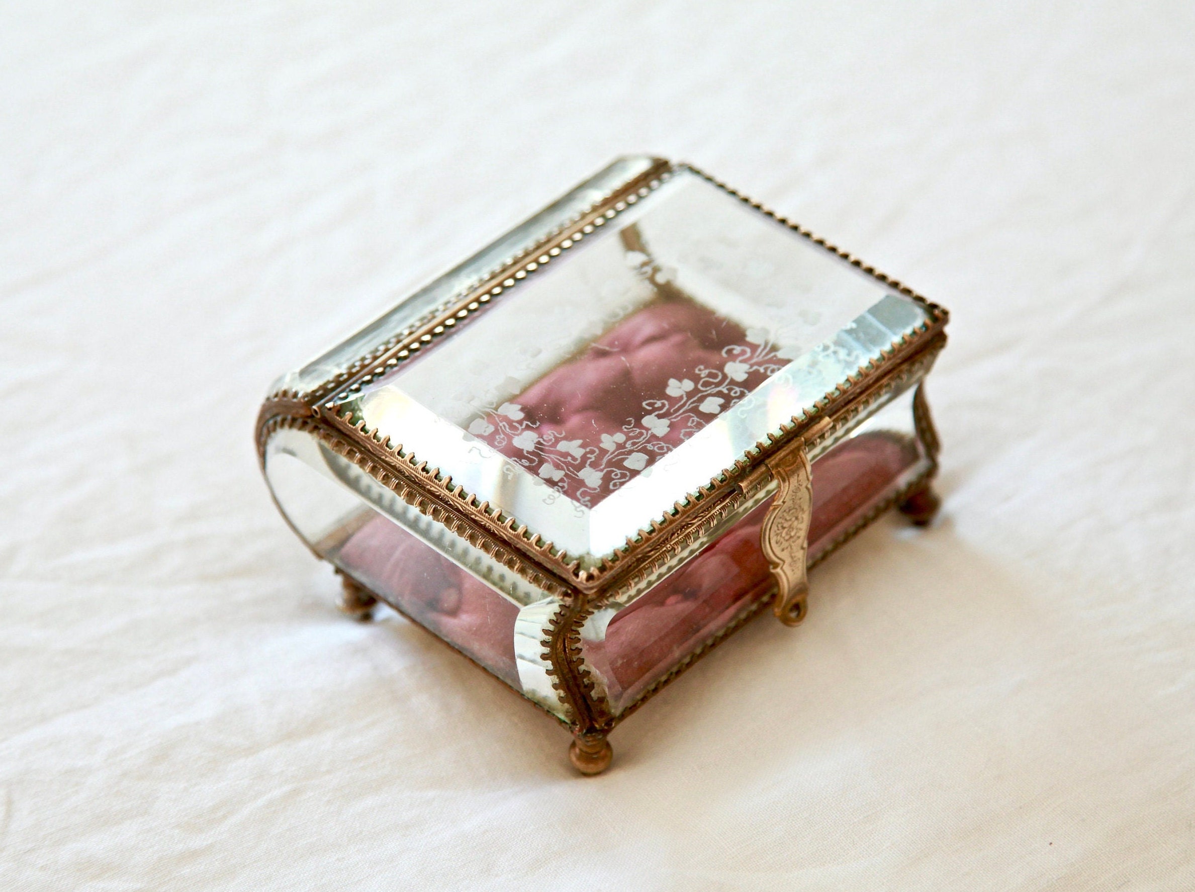 Vintage Glass Jewelry Box - Small Jewelry Box - Monogram Gem