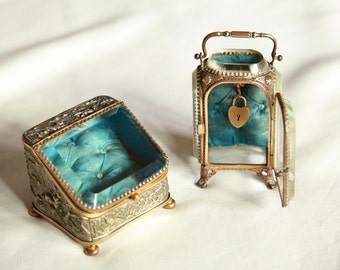 SOLD Antique Beveled Glass Tufted Pocket Watch Box, Napoleon III Ring Glass Box, Pocket Watch Holder, Beveled Stand Casket