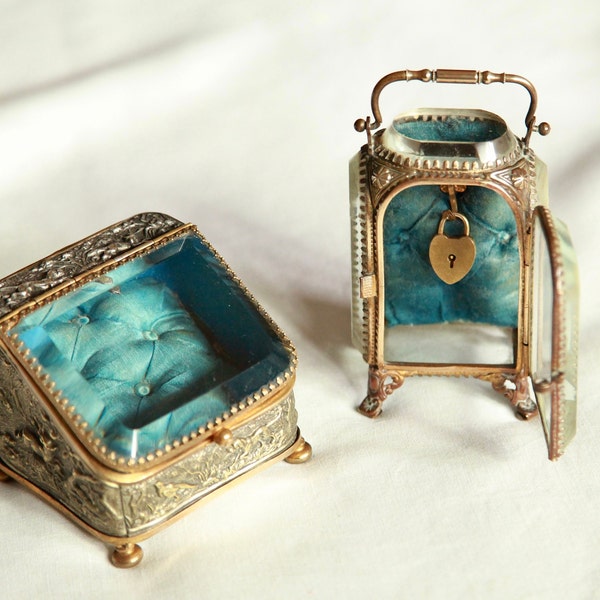 SOLD Antique Beveled Glass Tufted Pocket Watch Box, Napoleon III Ring Glass Box, Pocket Watch Holder, Beveled Stand Casket