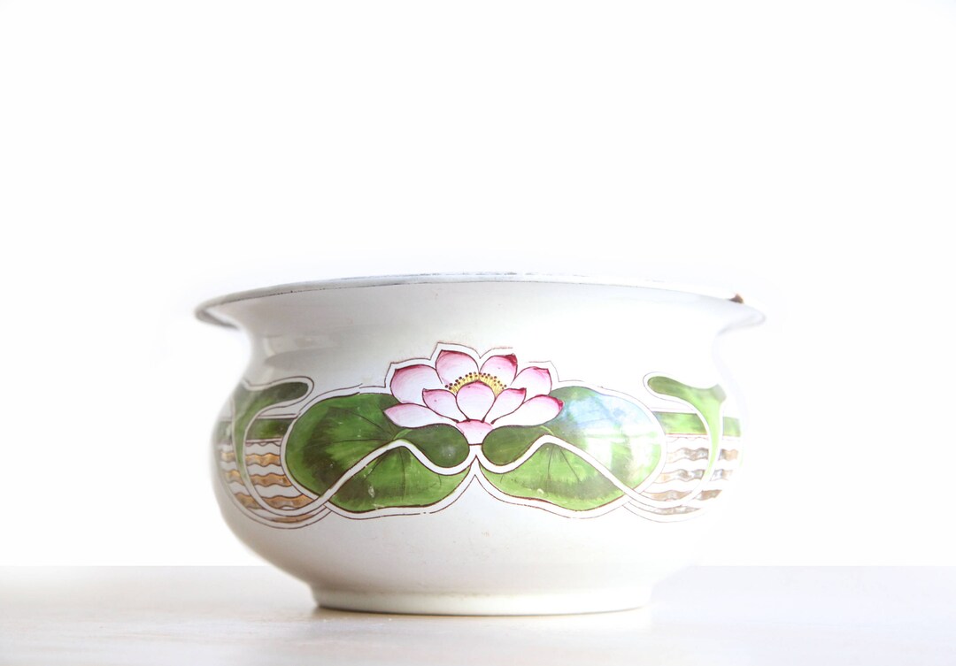 French Enamel Chamber Pot, Vintage Enamel Plant Pot, Hand Painted Lotus