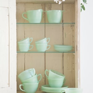 SOLD Fire King Jadeite Jane Ray Jadite Ribbed 6 Teacups & Saucers Anchor Hocking Coffee Cups, Green Mint Decor image 2