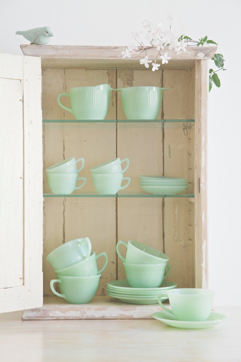 SOLD Fire King Jadeite Jane Ray Jadite Ribbed 6 Teacups & Saucers Anchor Hocking Coffee Cups, Green Mint Decor image 2