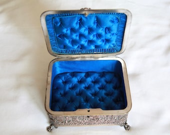 Antique Jewelry Box, High Relief Bronze and Silver Jewelry Box With Blue Tufted Silk Interior, Napoleon III Jewelry Box