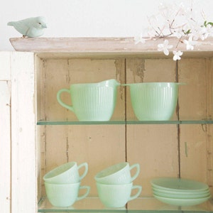 SOLD Fire King Jadeite Jane Ray Jadite Ribbed 6 Teacups & Saucers Anchor Hocking Coffee Cups, Green Mint Decor image 1