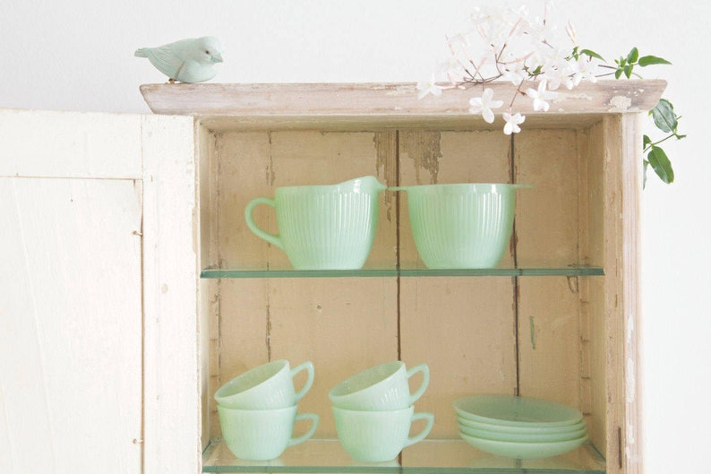 SOLD Fire King Jadeite Jane Ray Jadite Ribbed 6 Teacups & Saucers Anchor Hocking Coffee Cups, Green Mint Decor image 1