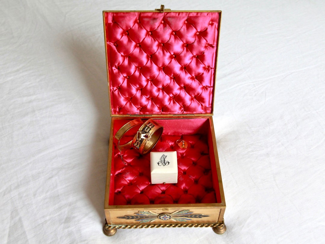 SOLD Antique Jewelry Box, Vintage Bronze Jewelry Box, Silk Tufted Box