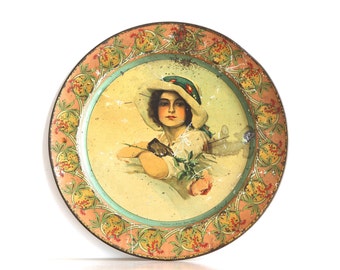 Antique Lithograph Serving Tray, Advertising Tray Lady With Rose, Cottage Chic Tray, Barcelona Shop Llibre y Serra, Vintage Shop Decor