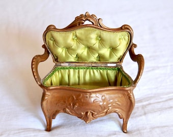 SOLD Antique French Chair Trinket Jewelry Box, Napoleon III Silk Tufted Jewelry Box, Vintage Jewelry Box, French Rococo Box