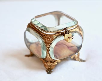 SOLD SOLD Antique Beveled Glass Jewelry Box, Wedding Ring Box, Napoleon III Jewelry Box, Engagement Ring Box, French Romantic Decor