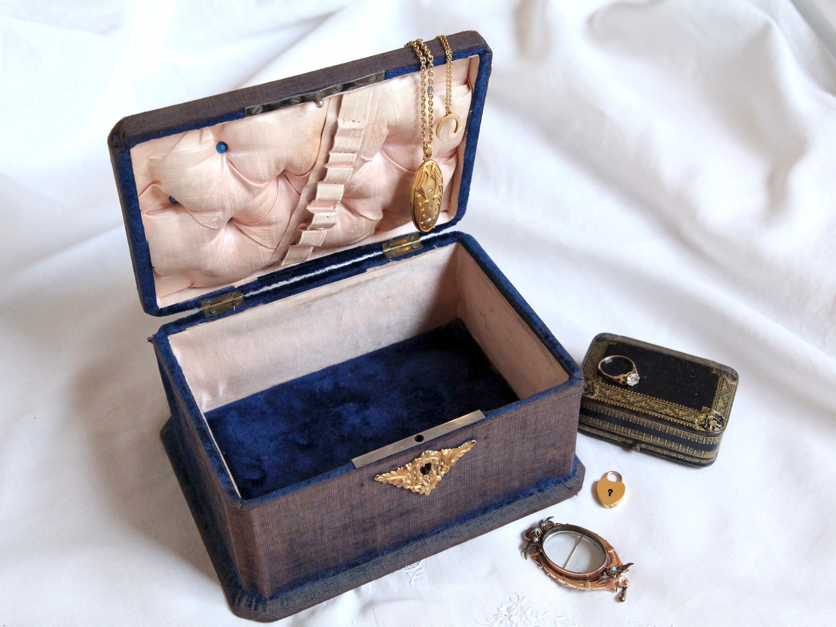 Antique Velvet Jewelry Box Art Nouveau Blue Velvet & Pink - Etsy