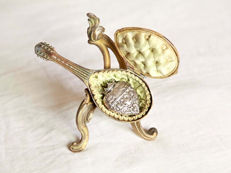 SOLD Antique French Mandolin Guitar Trinket Jewelry Box Silk Etsy