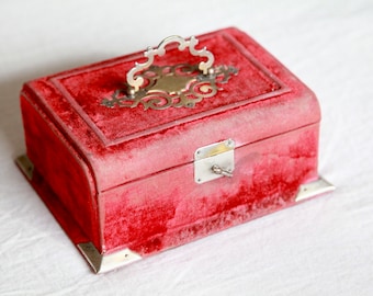 Antique Velvet Jewelry Box, Napoleon III Red Velvet Tufted Box, French Sewing Box, Vintage Sewing Box