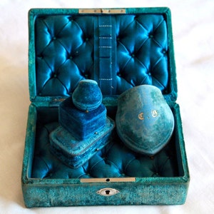 Antique Velvet Jewelry Box, Turquoise Velvet and Satin Tufted Jewelry Box, Napoleon III Jewelry Box, French Jewelry Box, Jewelry Display
