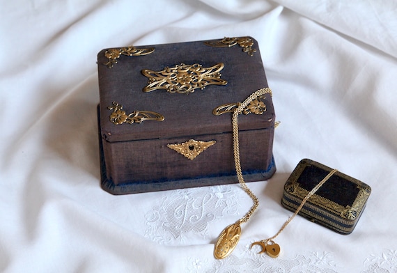 Antique Velvet Jewelry Box, Art Nouveau Blue Velve