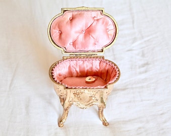 SOLD Antique Jewelry Box, Pink Silk Tufted Jewelry Box, French Footed Trinket Box, Gift For Her, Gift for Pink Lover