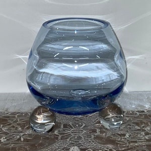 Tiffin Glass Swedish Optic Copen Blue Crystal Mid Century Modern Ball Vase