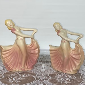 Hull Art Deco Dancing Girl Planters Pink Dress Pair of 2