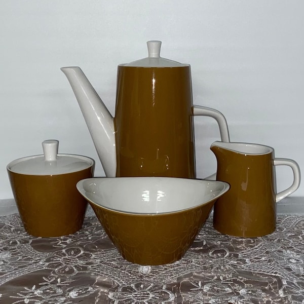 Mid Century Mikasa Cera-Stone Westwood Brown & White 6 Piece Coffee Service Set