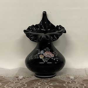 Fenton Black Glass Tulip Vase with Hand Painted Victorian Bouquet