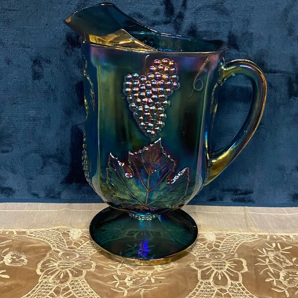 Indiana Glass Iridescent Blue Embossed Harvest Grapes & Leaves Carnival Glass Pitcher