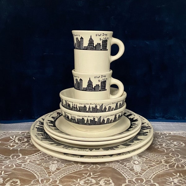 Fishs Eddy Homer Laughlin China White Dinnerware with New York Skyline In Black 8 Piece Dinner Set