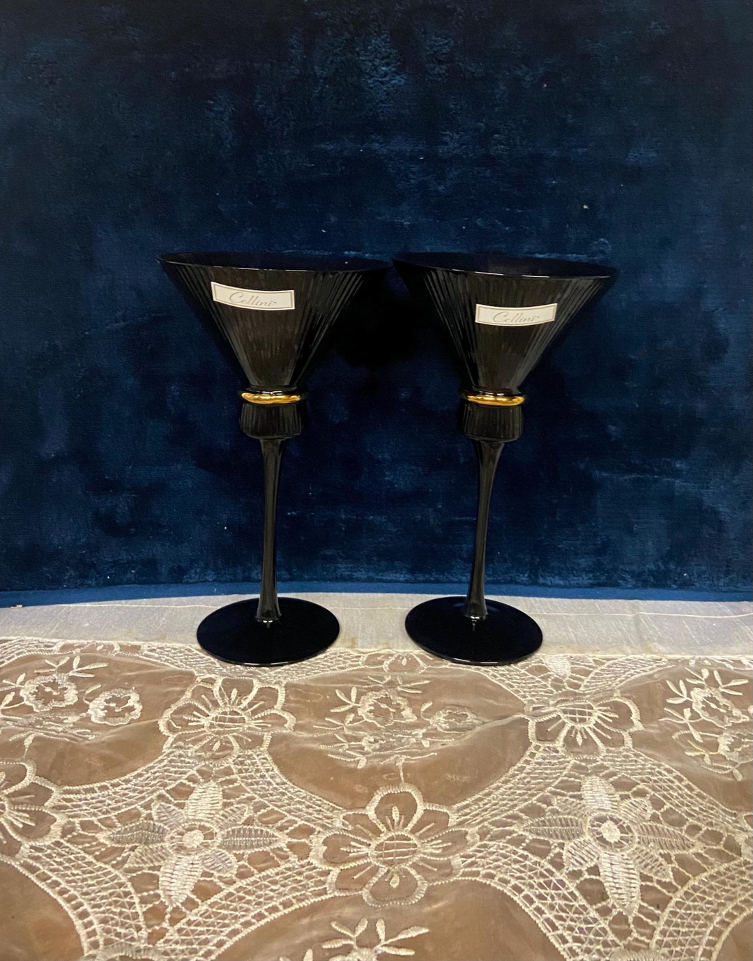 Cellini Black Ribbed Glass & Gold Band Martini Glasses Pair of 2 - Etsy