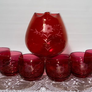 Ruby Red Etched Glass Cocktail Pitcher & 6 Roly Poly Tumblers