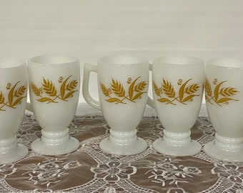 Libbey MILK GLASS Pedestal Mugs Embossed with Gold Wheat Heads Set of 5