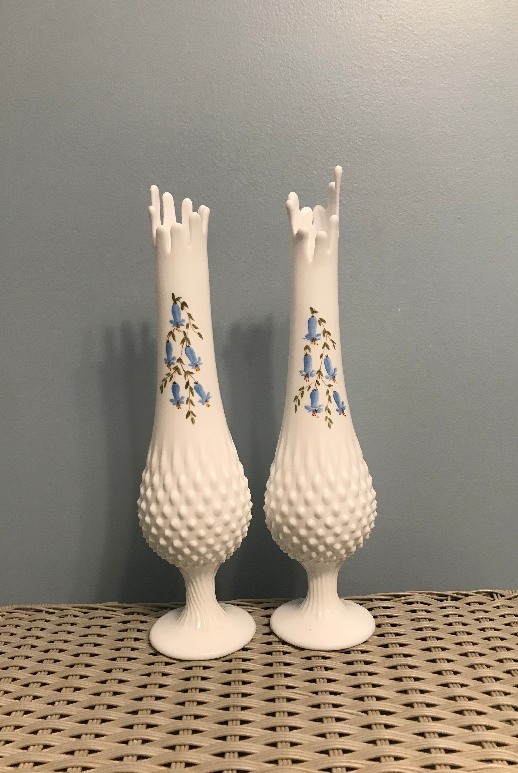 Fenton Hobnail Milk Glass Swung Pedestal Vase With Painted Etsy