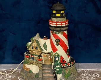 CHRISTMAS ILLUMINATED Bisque Porcelain LIGHTHOUSE Scene