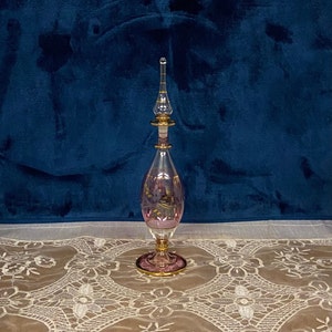 Perfume Bottle Blown Glass Clear & Red, Dabber on Stopper with Gold Trim
