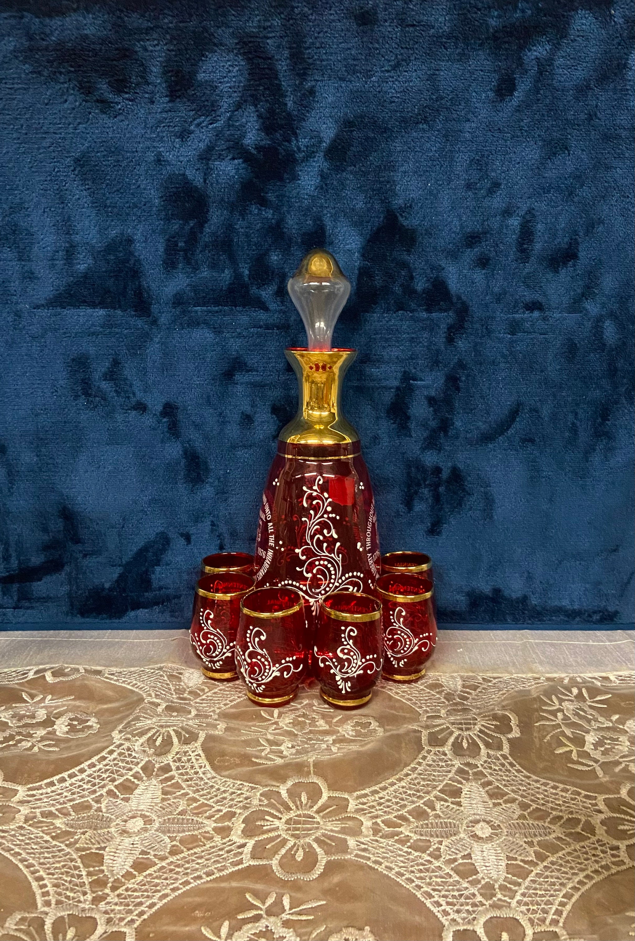 KB Ruby Red BICENTENNIAL 1776-1976 DECANTER & 6 Shot Glasses Set