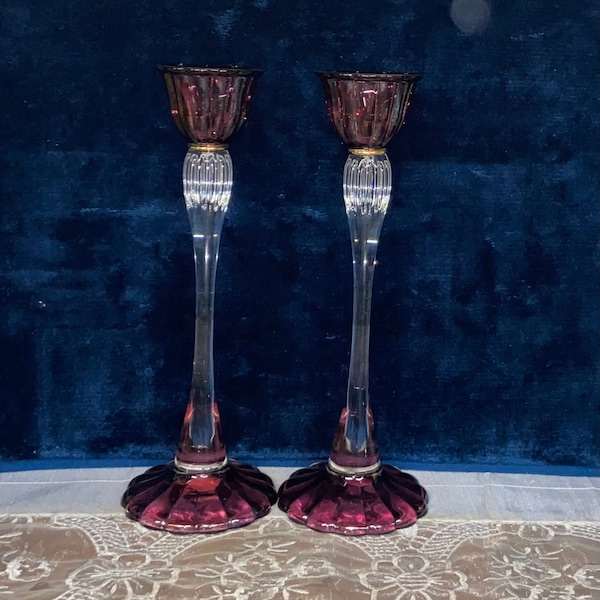 SC Line Amethyst and Clear Crystal Candlestick Holders with Gold Trim Made in Italy Pair of 2