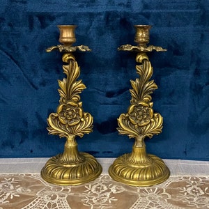 Hollywood Regency Brass Floral Candle Stick Holders Pair of 2