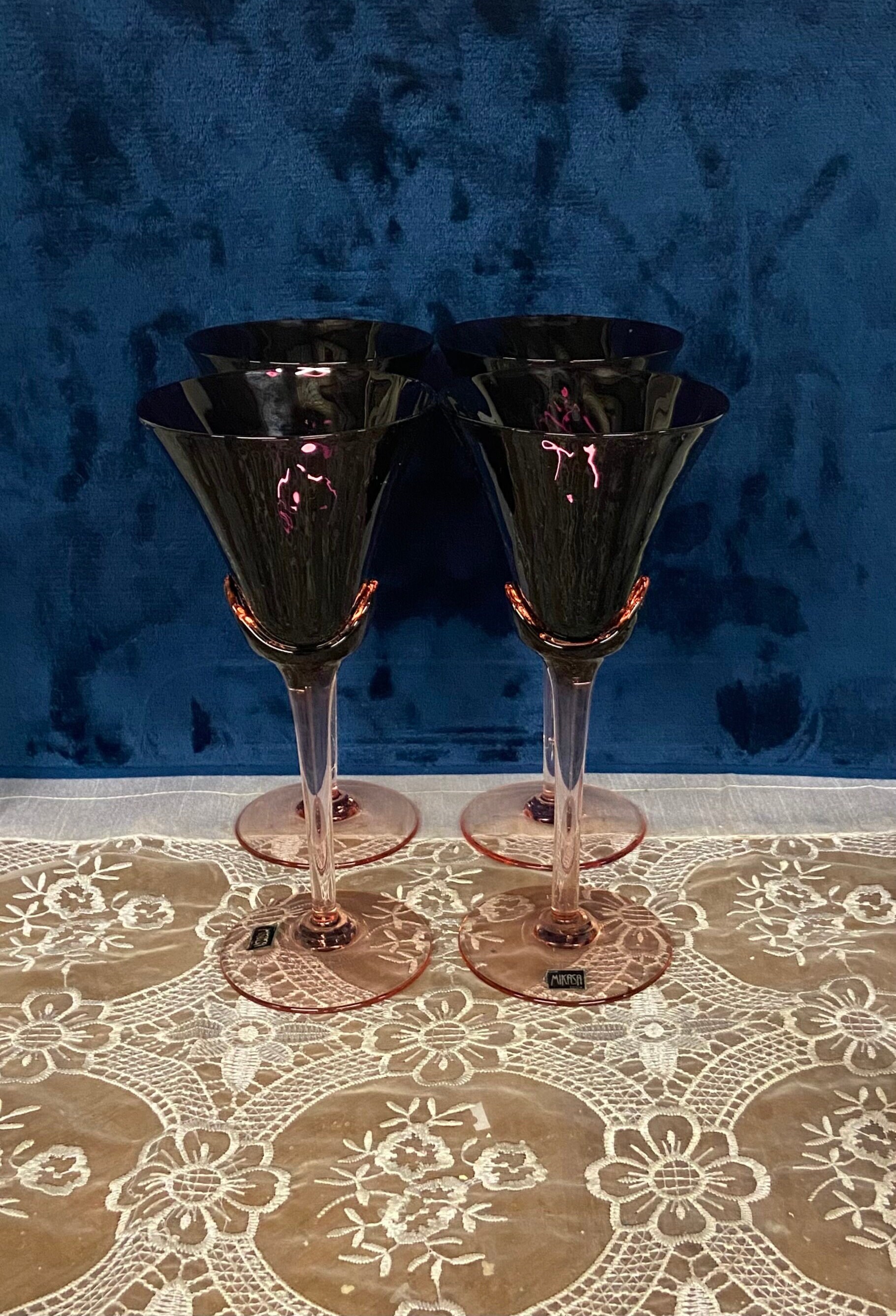 2 Hand Painted Long Stem Wine Glasses Peaches Pears Grapes Marked 1672   