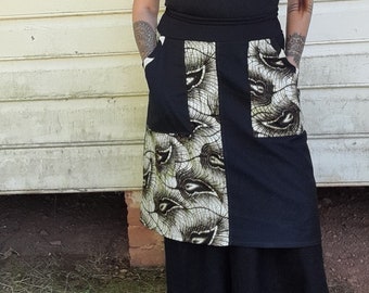 Feathers Skirt, Pencil Style, Two Tone, Large Pockets, High Waisted, Black Panels, Australian Made, Stretch Band, Original, Mod Cotton,