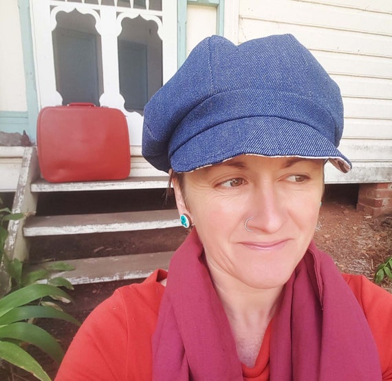 Denim Hat, Blue Slouchy Cap, Reversible Peak, Australian Made, Blue and White Cotton, Boho Hippie Unisex, One of a kind Hat, Peak Hat Cap,