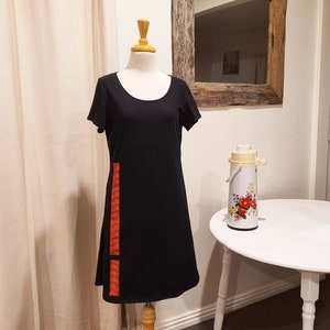 Black Jersey, Aline Knit Dress, Cap Sleeve, Australian Made, Scoop Neck, Mod Shift Tunic, Red Grey Navy, Applique Front, Above Knee, Ethical image 4