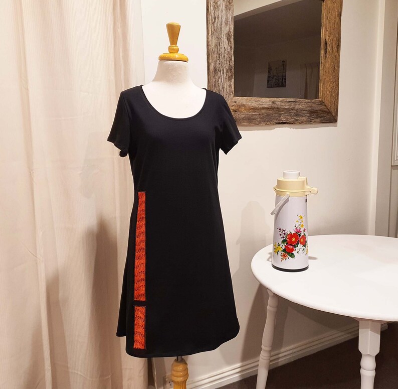 Black Jersey, Aline Knit Dress, Cap Sleeve, Australian Made, Scoop Neck, Mod Shift Tunic, Red Grey Navy, Applique Front, Above Knee, Ethical image 4