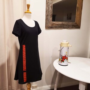 Black Jersey, Aline Knit Dress, Cap Sleeve, Australian Made, Scoop Neck, Mod Shift Tunic, Red Grey Navy, Applique Front, Above Knee, Ethical image 1