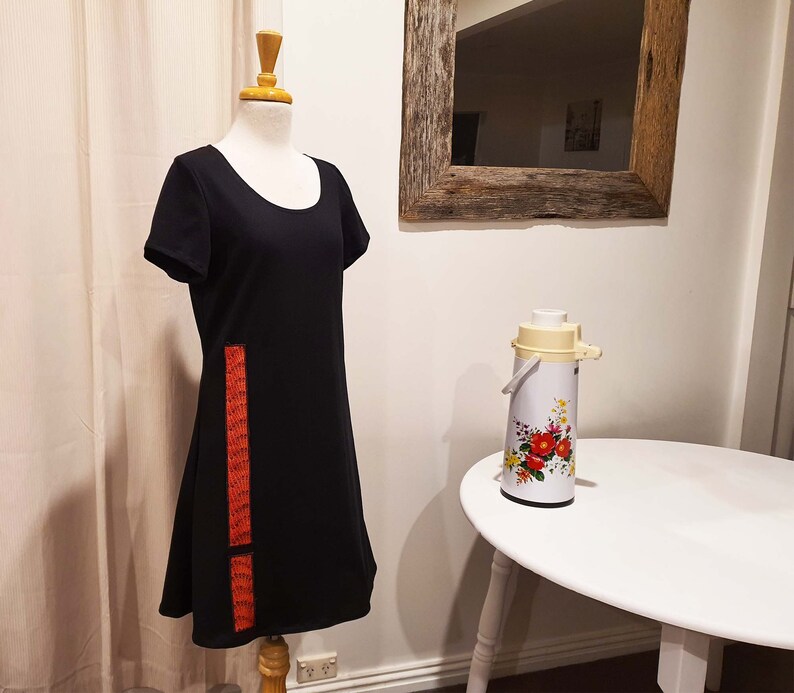 Black Jersey, Aline Knit Dress, Cap Sleeve, Australian Made, Scoop Neck, Mod Shift Tunic, Red Grey Navy, Applique Front, Above Knee, Ethical image 1
