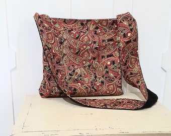 Paisley Cotton Bag, Vegan Accessory, Pocket Bag, Red Black, Crossbody Bag, Shoulder Bag, Corduroy Lining, Australian Made, Long Handle,