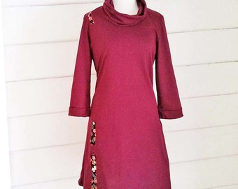 Maroon Jersey Dress. Women's Knit Dress. Australian Made. Jersey Knit Cotton. Cowl Neck Dress. Japanese Cotton Applique. Made to Order Dress