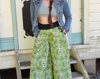 Green Pants, Wide Leg, High Waisted, Stretch band,  Printed Cotton, Women's Trousers, Plus Size, Loose fit, Australian, Cullotts, Handmade