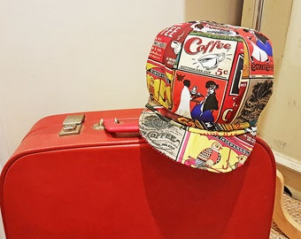 Coffee Slouchy Hat. Unisex Cap. Vintage Print Cotton. Australian Made. Red Corduroy. Slouch. Reversible Hat. Funky Peak. Retro. Plus Size.