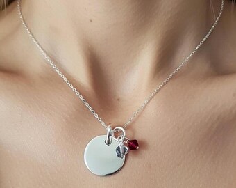Sterling Silver 925 Disc Necklace Pendant Engraved Personalised Swarovski