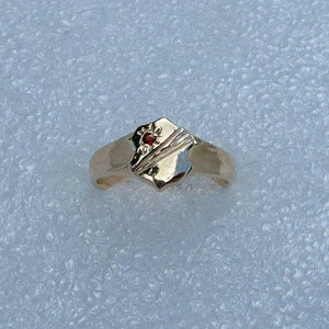May include: A gold-colored ring with a shield-shaped face. The shield has a small red gemstone and etched lines. The ring band is smooth and rounded. The ring is displayed on a textured, light-colored surface.