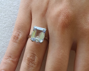 Aquamarine and gold ring, White solid gold and man made Aquamarine ring, Aquamarine ring, gold and Aquamarine ring