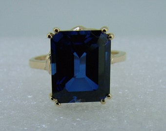 Emerald Cut Synthetic Blue Sapphire Ring, 10k Yellow Gold